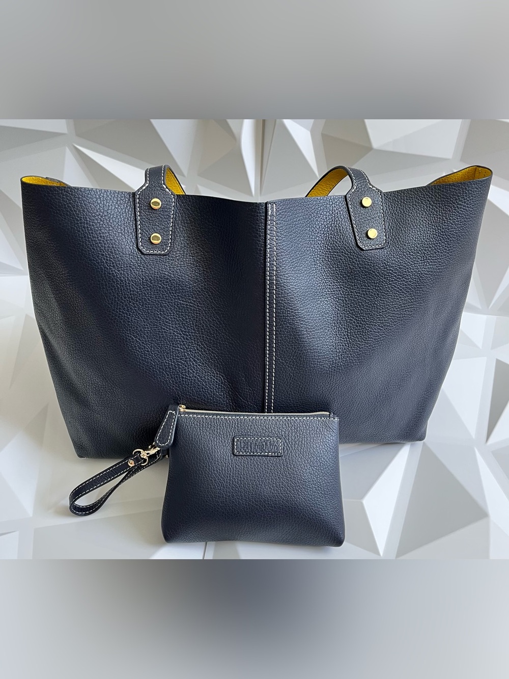 J. McLaughlin Annie Leather,Navy Tote with Matching Pouch and Yellow Interior